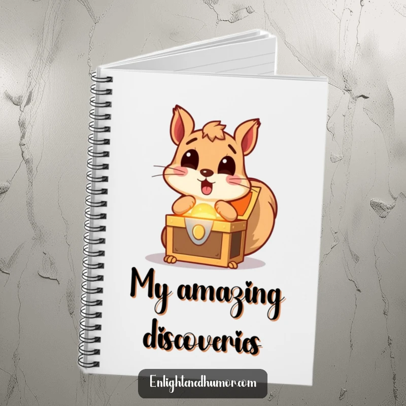 Funny squirrel notebook cover featuring a surprised squirrel discovering a glowing treasure chest, symbolizing creativity and exciting discoveries.
