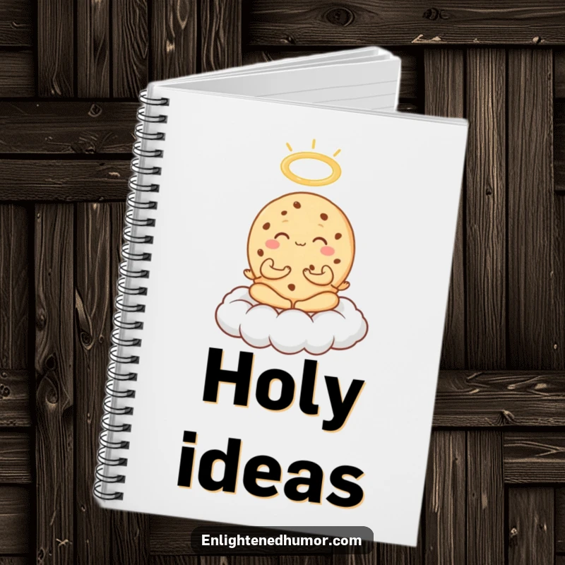 Funny Cookie Meditation Notebook with an exuberant cookie meditating on a cloud, halo above, perfect for journaling sweet thoughts.