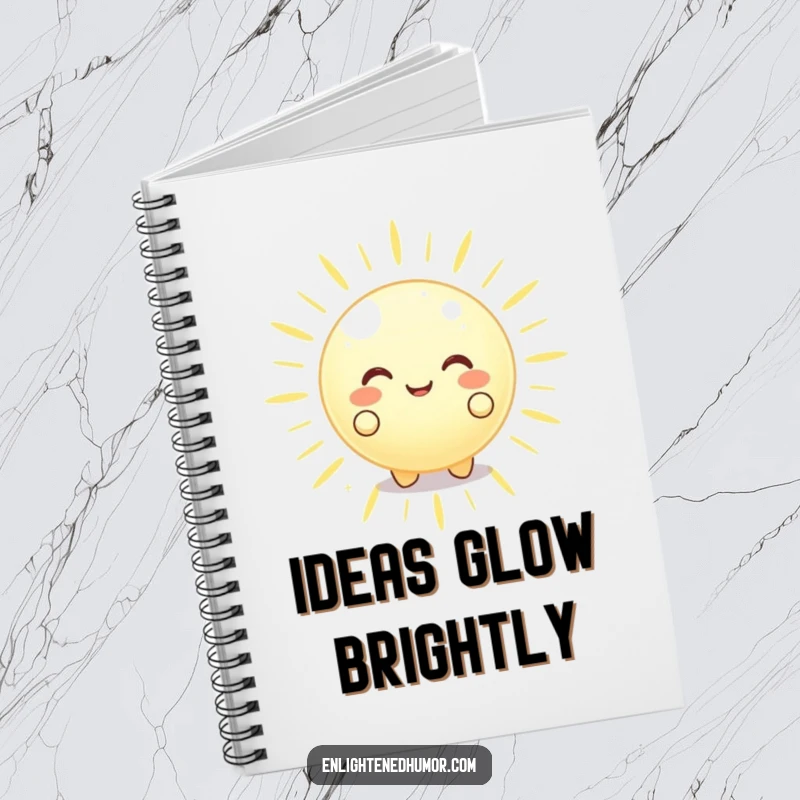 Funny happy glowing orb character on a notebook cover, radiating peaceful energy outwards, a cute and functional funny stationery item.