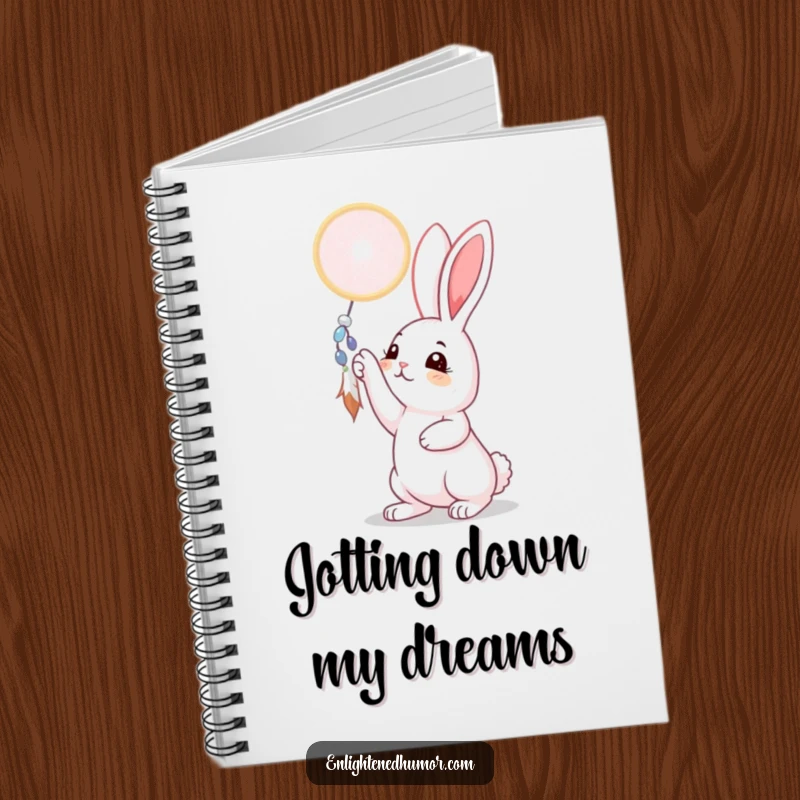 Funny rabbit notebook with a curious bunny reaching for a shimmering dreamcatcher, perfect for journaling dreams and ideas, a whimsical creative gift.