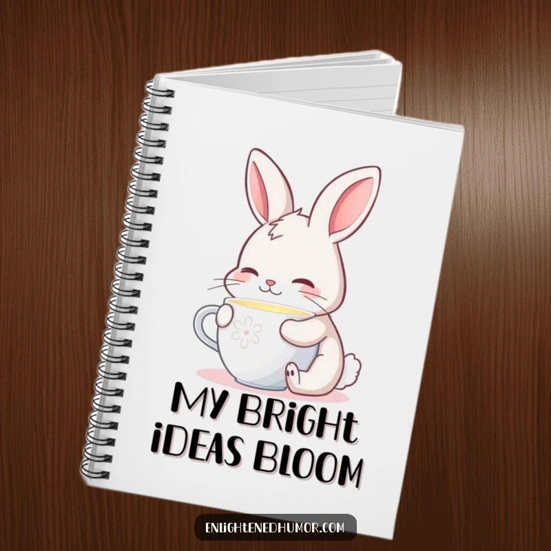Funny notebook with a contented bunny sipping from a glowing cup, perfect for jotting down peaceful thoughts.