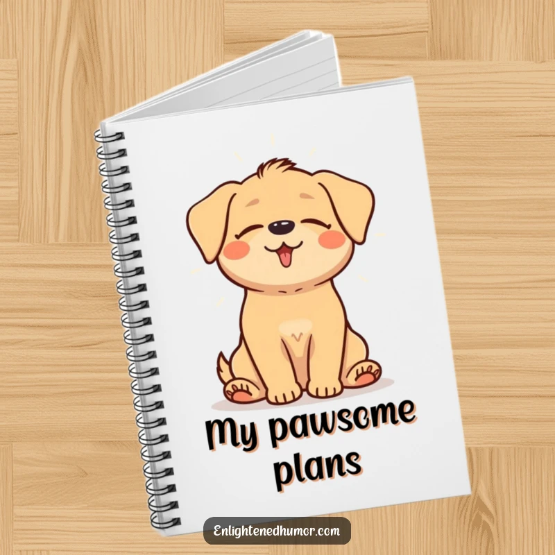 Funny notebook with a happy dog sitting peacefully with closed eyes, radiating a gentle aura of light for calm writing.
