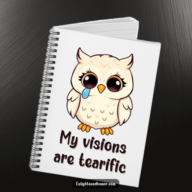 Funny kawaii owl enlightenment notebook shows a wise owl with enlightened eyes shedding a tear of joy, ready for notes.