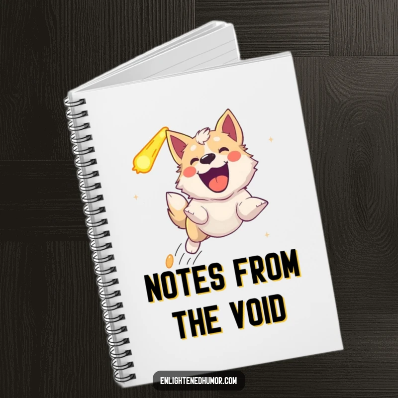 Funny celestial dog notebook, illustrating an ecstatic dog joyfully barking while pursuing a comet across the page.