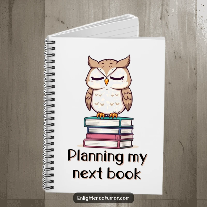 Funny notebook with a wise owl perched on a stack of books, eyes closed in thought, perfect for capturing profound ideas.
