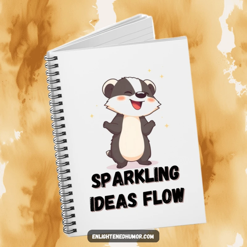 Funny notebook with a giggling badger releasing sparkling dust on the cover, great for journaling.