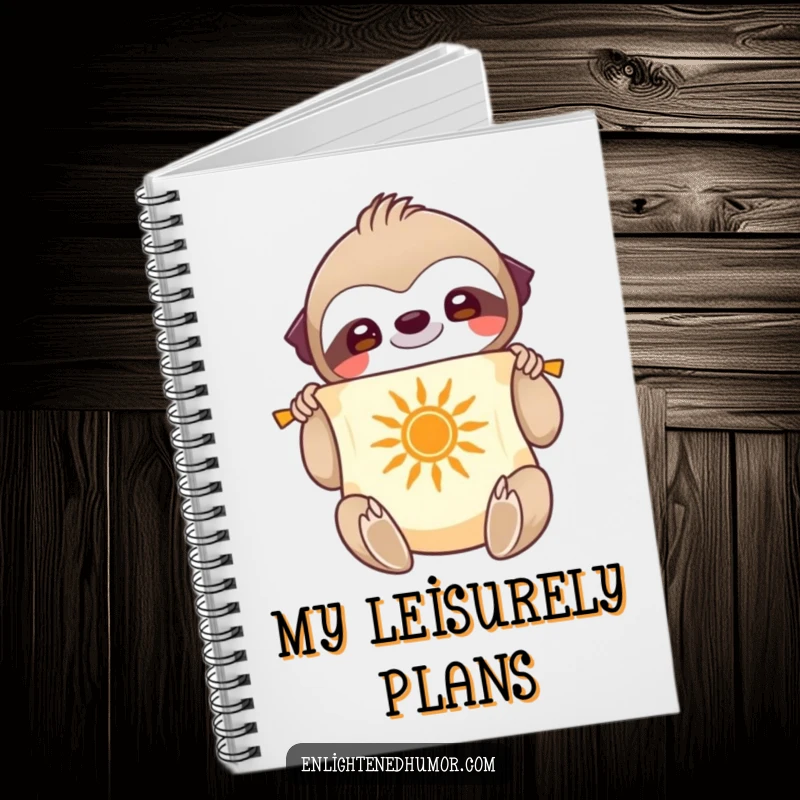 Funny Notebook: Smiling sloth character unfurling a scroll with a radiant sun symbol, open with blank pages, ready for notes.