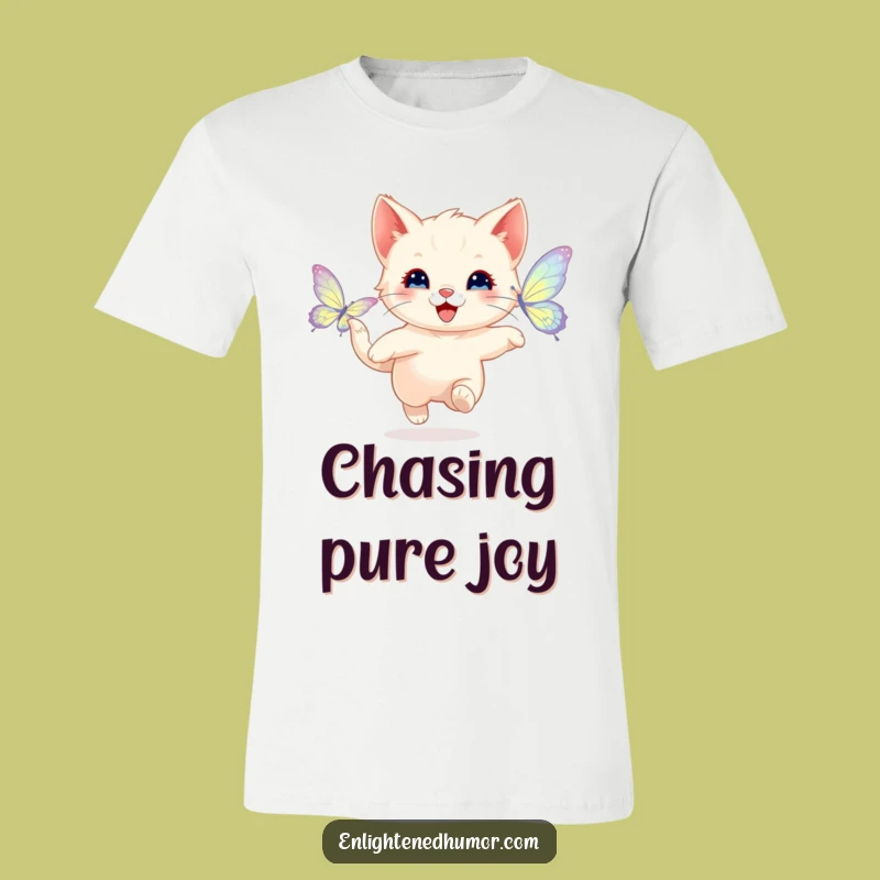 Funny Happy Kitten Butterfly T-Shirt - Playful Character Tee for Energetic Vibes