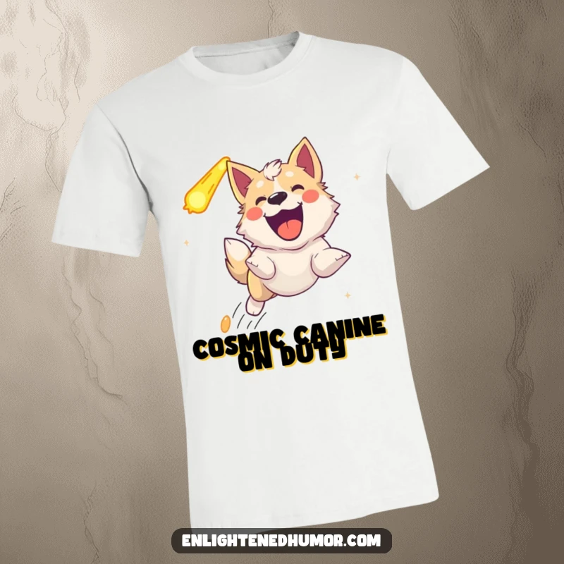 Funny celestial dog t-shirt, ecstatically chasing a comet with a joyful bark against a starry backdrop.