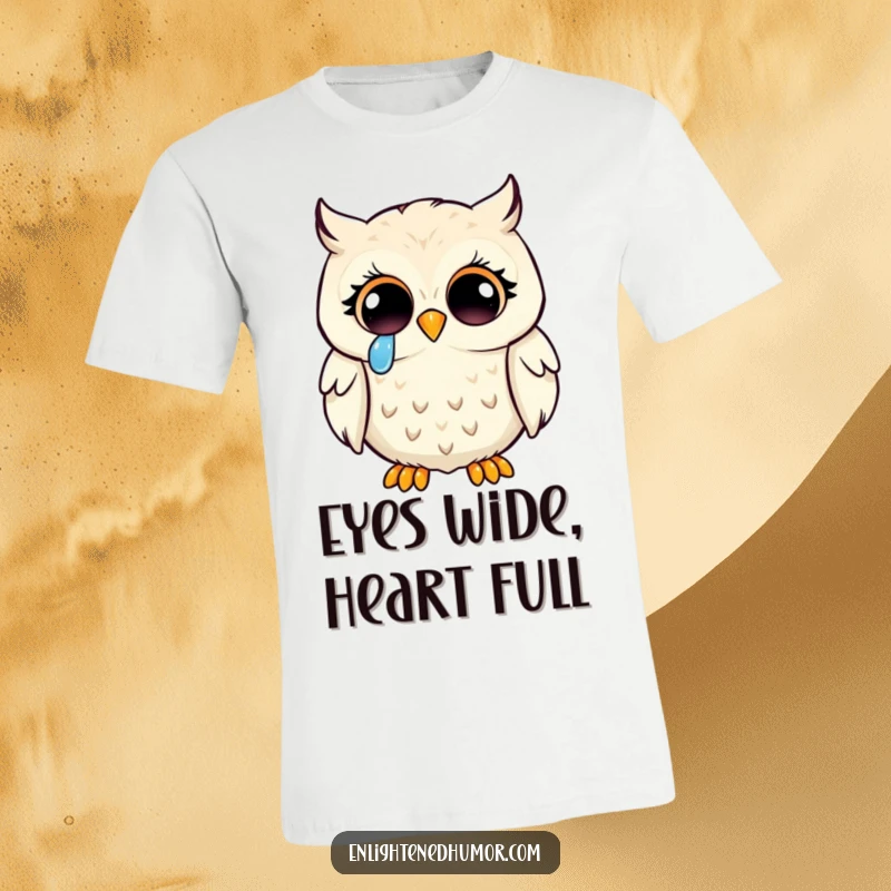 Funny kawaii owl t-shirt, wise owl with enlightened eyes shedding a single tear of joy, representing deep appreciation.