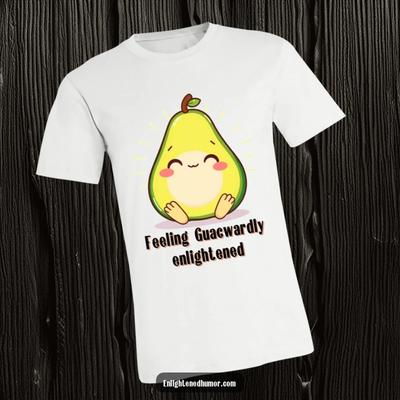 Smiling avocado in a meditative state, radiating a soft glow on a comfortable t-shirt.