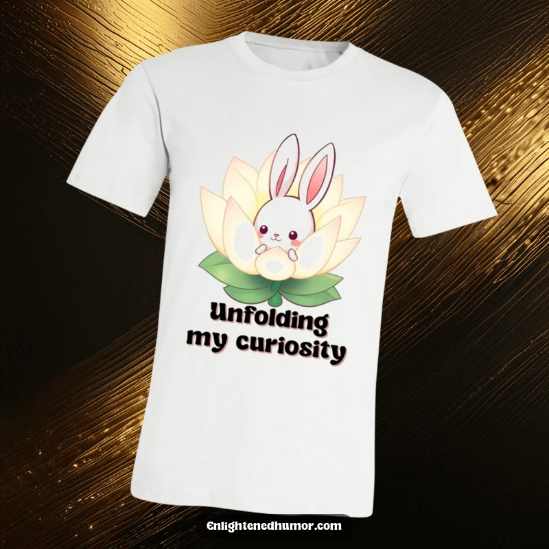 Funny t-shirt with a curious bunny peeking from behind a luminous lotus flower, evoking a sense of calm and wonder.