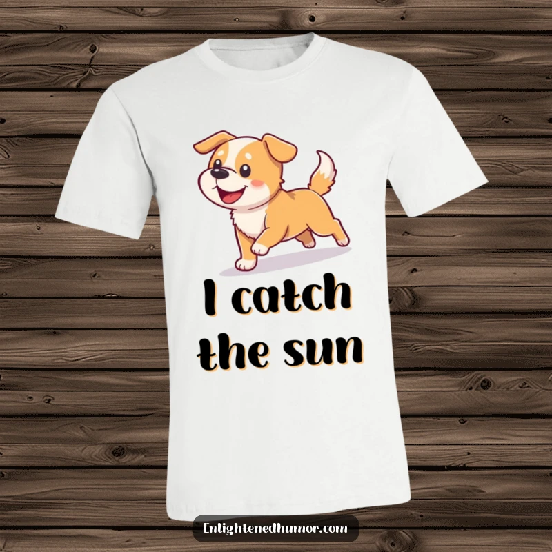 Funny dog t-shirt depicting a joyful dog chasing its shadow, transforming into a beam of light, playful and humorous.