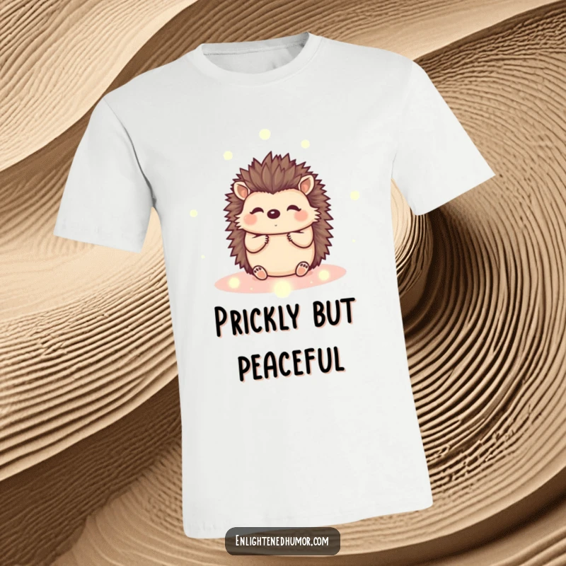 Funny kawaii hedgehog t-shirt with a cute animal amidst shimmering energy orbs, promoting peace and positive energy.