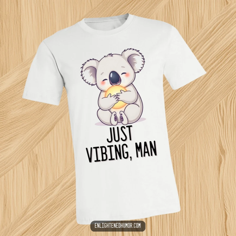 Funny t-shirt featuring a serene koala hugging a glowing orb, symbolizing inner peace and calm.