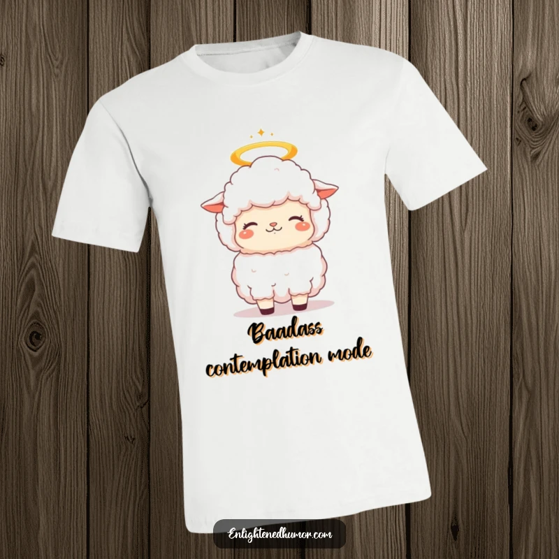 Funny fluffy kawaii sheep t-shirt featuring a character with a halo, bobbing its head in contemplative bliss, a serene present.