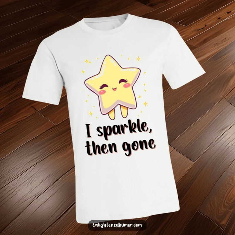 Funny winking star character dissolving into sparkling dust on a t-shirt, a humorous and magical graphic tee.