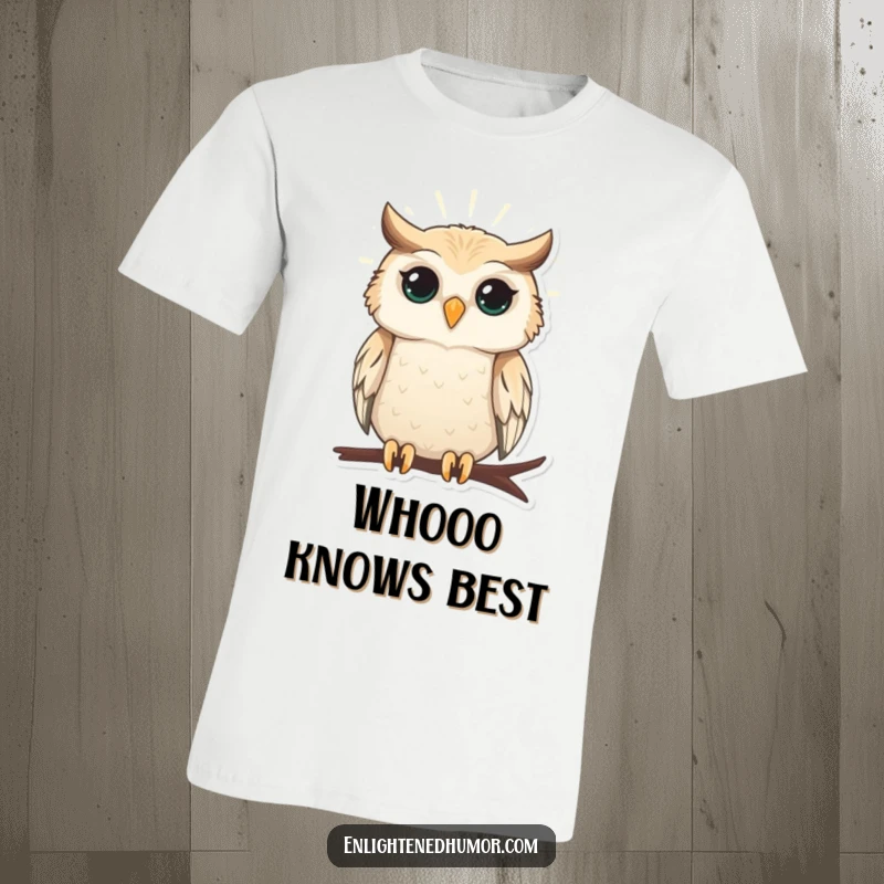 Funny t-shirt with a wise owl perched calmly, radiating light, representing intelligence and gentle humor.