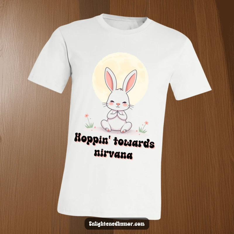 Funny t-shirt of a determined rabbit meditating peacefully beneath a large, serene moon, radiating calm and humorous spirit.