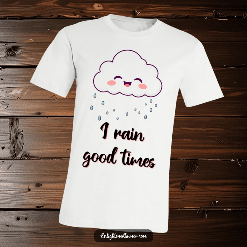Funny laughing cloud character raining gentle, sparkly droplets on a t-shirt, a humorous and whimsical graphic tee.