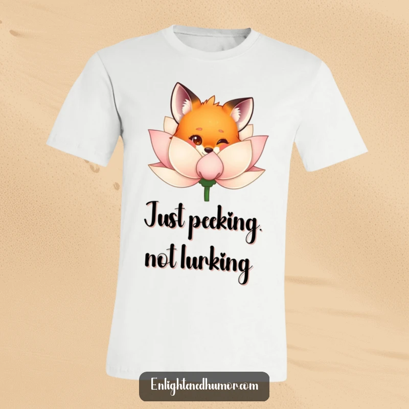 Funny fox t-shirt graphic featuring a curious fox peeking out from behind a delicate, shimmering lotus flower, creating a sense of playful discovery.
