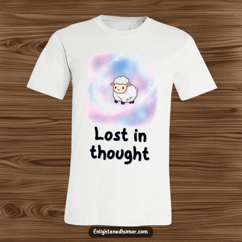 Funny t-shirt with a serene sheep drifting through colorful nebulae, symbolizing peaceful cosmic journeys and lightheartedness.