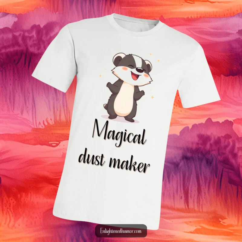 Funny t-shirt featuring a giggling badger showering sparkling dust, symbolizing playful magic and fun.