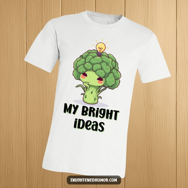 Funny broccoli t-shirt, thoughtful, deep in thought, tiny lightbulb above, smart veggie apparel.