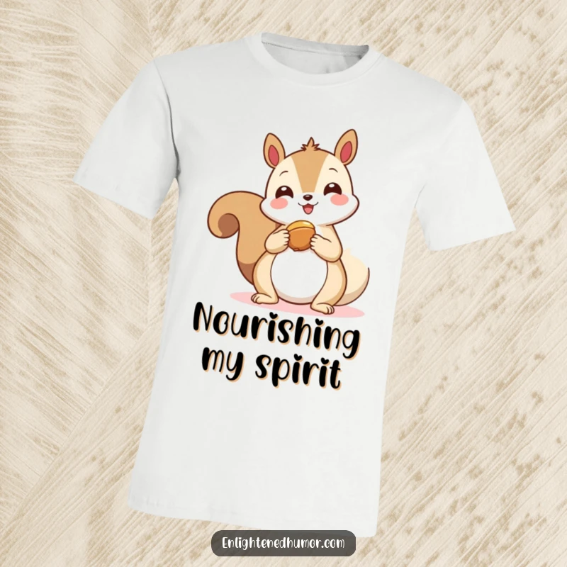 Funny kawaii squirrel t-shirt, a happy squirrel offering a nut to a floating spiritual symbol, symbolizing generosity and peace.