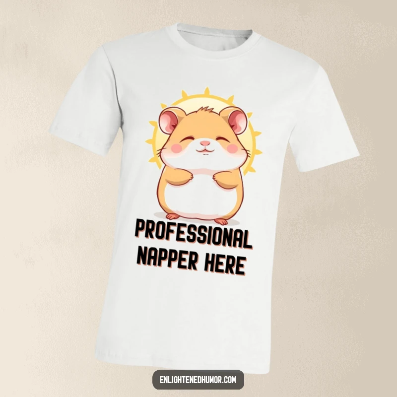 Funny Hamster T-Shirt featuring a contented character with eyes closed blissfully, enjoying a peaceful sunbeam nap.