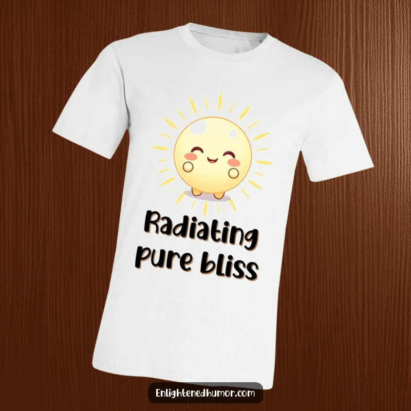 Funny happy glowing orb character radiating peaceful energy outwards on a t-shirt, a humorous and serene graphic tee.
