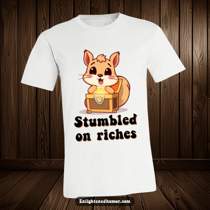 Funny squirrel t-shirt graphic depicting a surprised squirrel with wide eyes staring at a glowing treasure chest, symbolizing an exciting discovery.