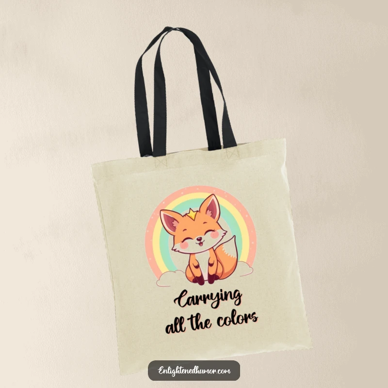 Funny celestial fox tote bag showing a joyful fox playfully peeking from behind a shimmering rainbow, perfect for carrying cosmic treasures.