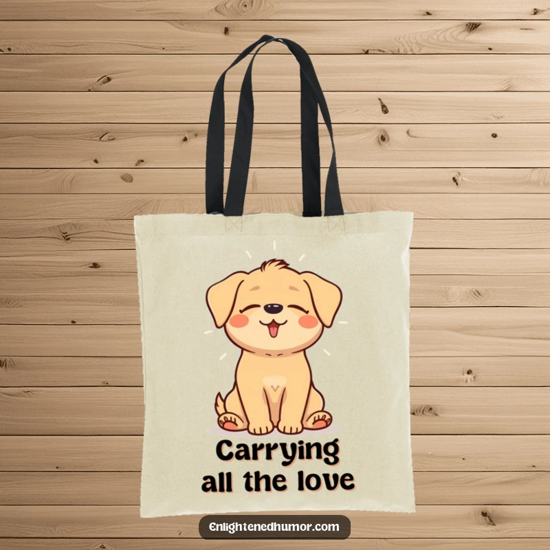 Funny tote bag illustrated with a happy dog sitting peacefully with eyes closed, radiating a gentle aura of light.