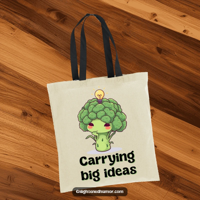 Funny broccoli tote bag, thoughtful, deep in thought, tiny lightbulb above, smart accessory tote.