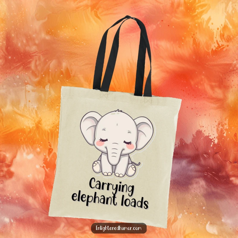 Funny tote bag with a serene elephant, eyes closed, trunk curled, perfect for carrying items with a calm and humorous vibe.