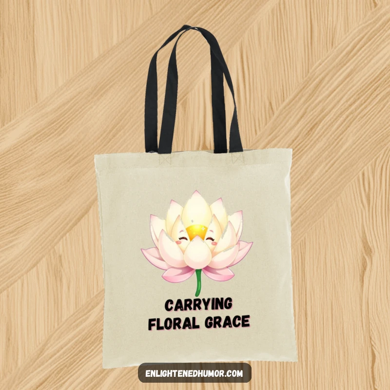 Funny tote bag displaying a sparkling lotus flower character in a serene floating position, adorned with graceful petals.