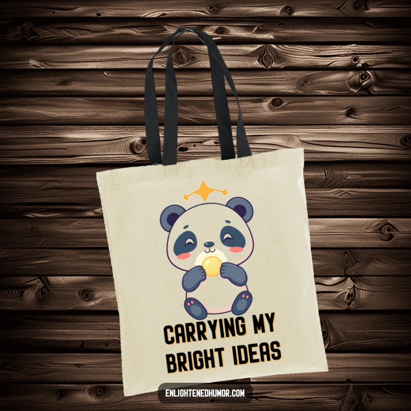 Funny celestial panda tote bag showing a gleeful panda expertly balancing a small, luminous orb on its nose, ready for cosmic adventures.