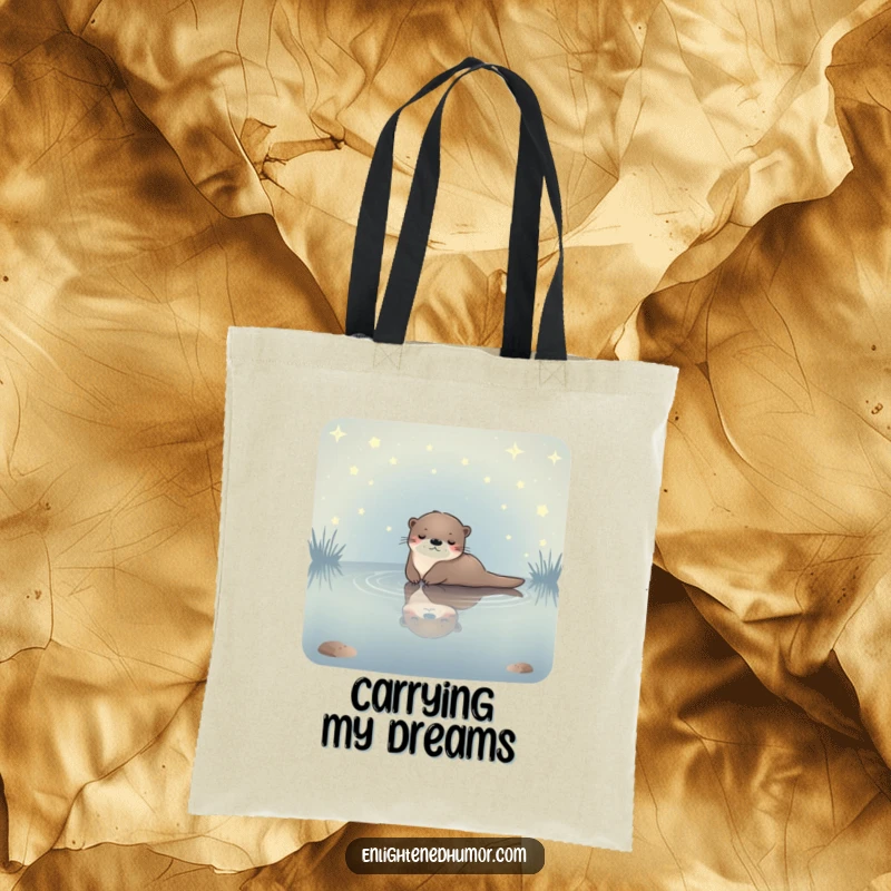 Funny celestial otter tote bag featuring a serene otter floating in a starlit pond, perfect for carrying daily essentials.