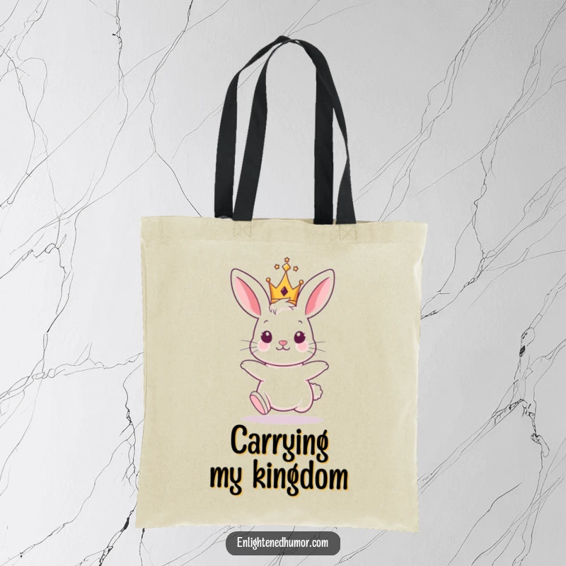 Funny Bunny King Tote Bag: A durable tote bag showcasing a hopping bunny with a small, shiny crown, ready for errands.