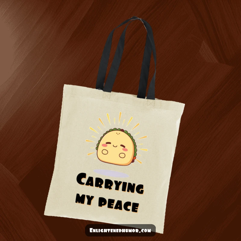 Funny taco tote bag, radiant, levitating slightly, radiating calm energy, serene accessory.