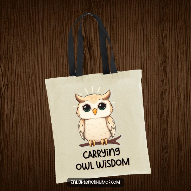 Funny tote bag with a wise owl perched serenely, radiating light, perfect for carrying books with wisdom and humor.