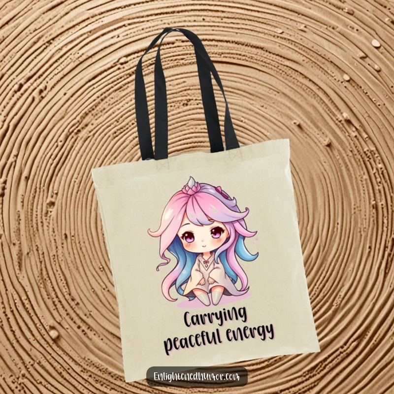 Funny tote bag depicting a serene aura character made of soft, swirling colors, perfect for carrying essentials peacefully.
