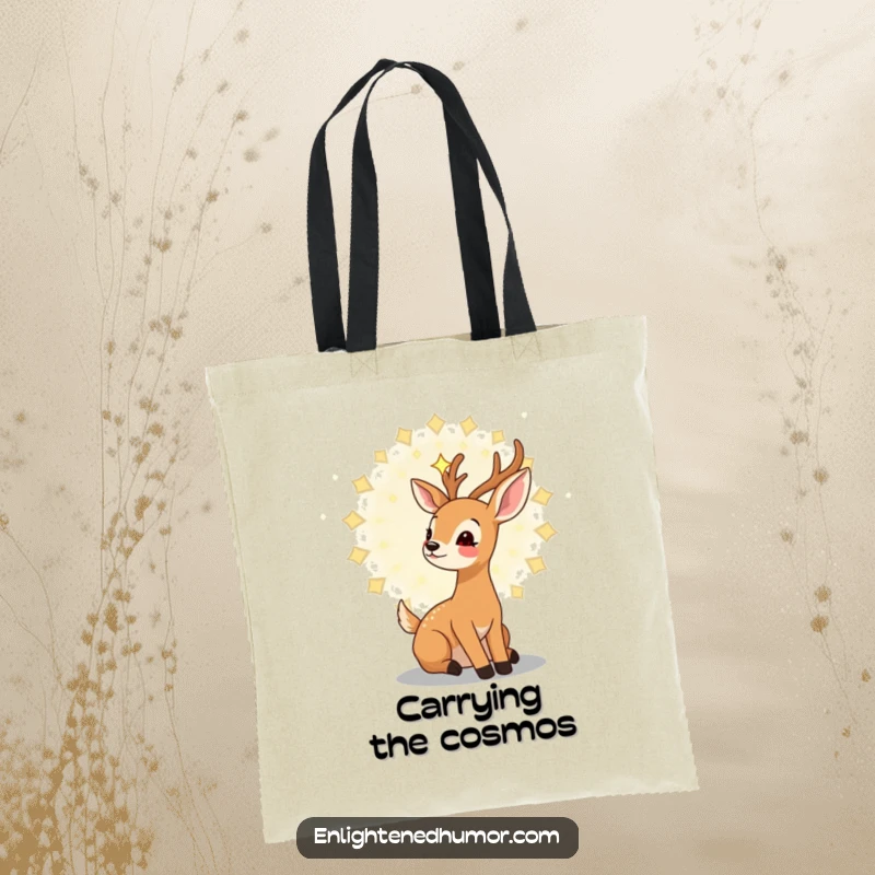 Funny kawaii deer tote bag with a gentle deer gazing upwards at a swirling mandala of stars, perfect for a stargazer.