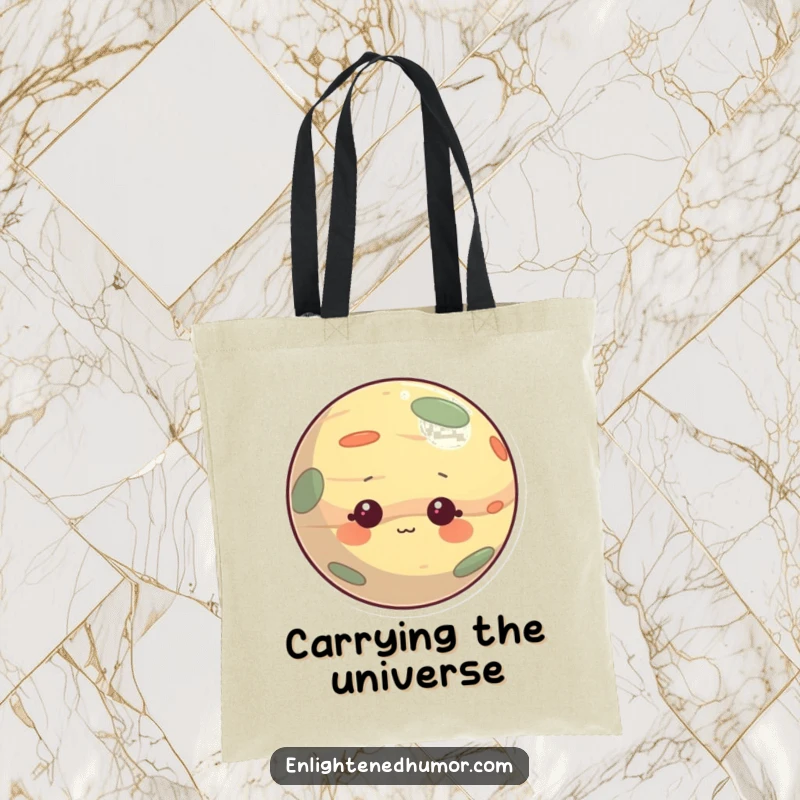 Funny tote bag with a curious planet character, gentle and observant, perfect for carrying groceries or books with a smile.