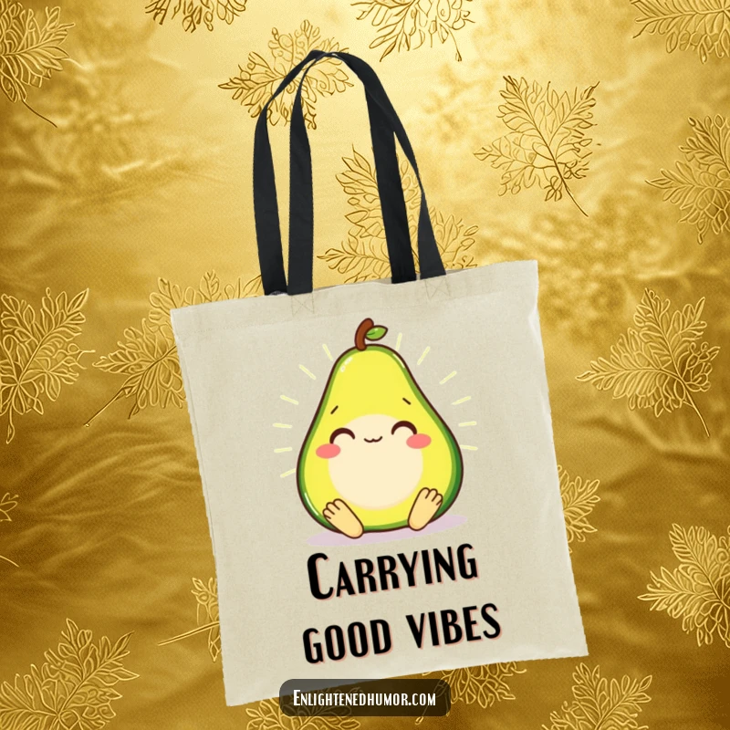 Smiling avocado in a meditative state, radiating a soft glow on a durable tote bag.