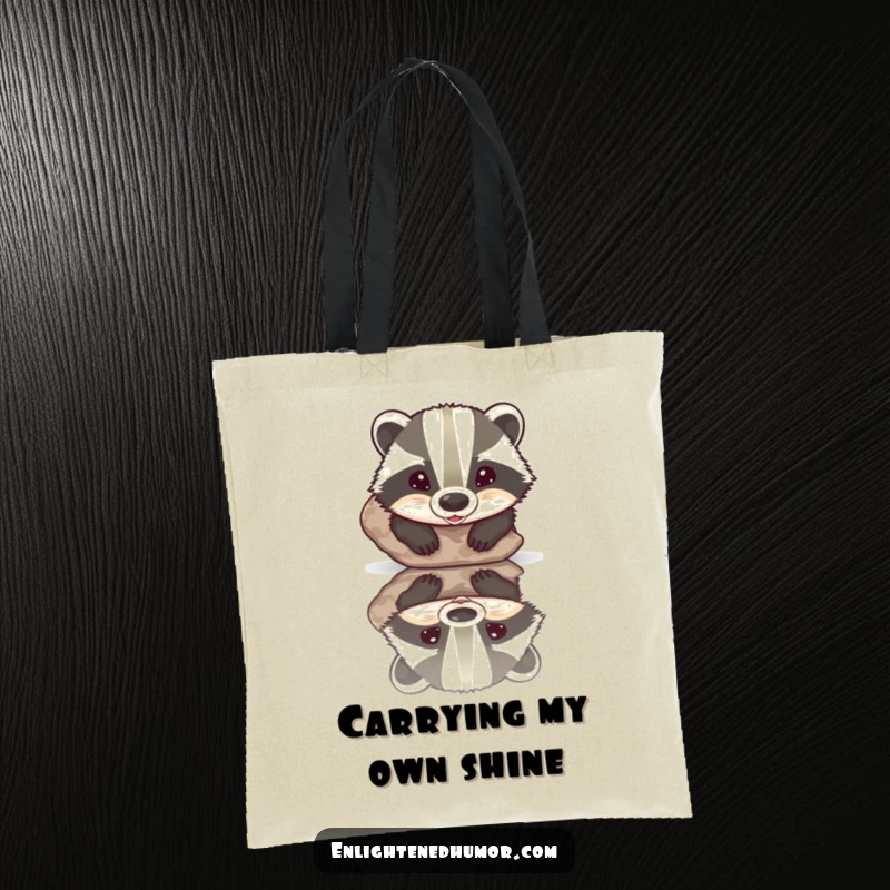 Funny tote bag showing a beaming badger finding its reflection in a polished stone, perfect for carrying humor and goods.