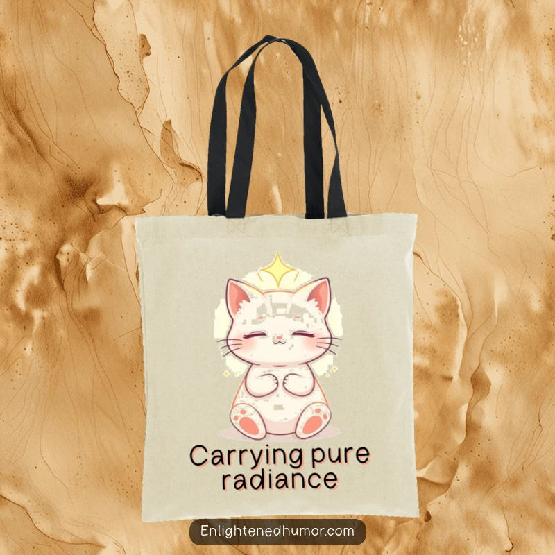 Funny celestial cat tote bag showing an enlightened cat basking in a soft, ethereal light, perfect for carrying cosmic treasures with style.