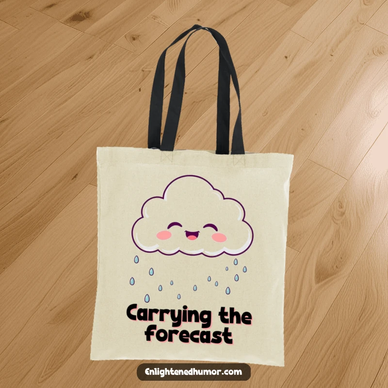 Funny laughing cloud character on a tote bag, raining gentle, sparkly droplets, a cute and functional funny accessory.