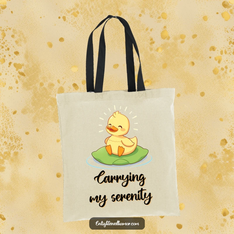 Funny Content Duck Tote Bag: Content duck radiates light on a lily pad, a humorous and practical tote. Ideal funny gift.